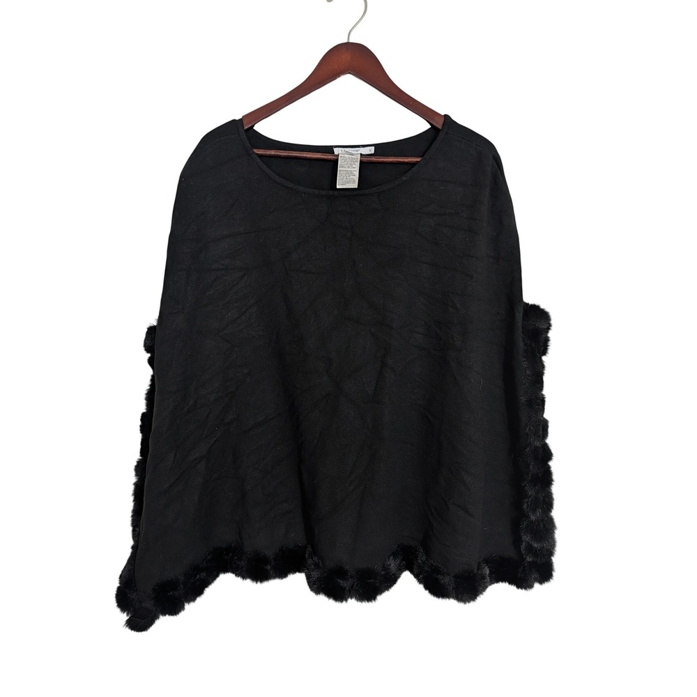 Chico's Black Faux Fur Trim Sweater Poncho Cashmere Blend L/XL Mobwife Classic